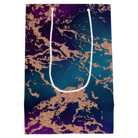 ムーディラグジュアリーマーブル |深いパープルとティール（緑がかった色）バラ金ゴールド ミディアムペーパーバッグ (裏面)