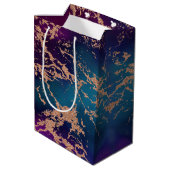 ムーディラグジュアリーマーブル |深いパープルとティール(緑がかった色)バラ金ゴールド ミディアムペーパーバッグ (裏面アングル)
