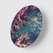 ムーディラグジュアリーマーブル |深いパープルとティール(緑がかった色)バラ金ゴールド ラウンド壁時計 (傾斜)