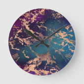 ムーディラグジュアリーマーブル |深いパープルとティール(緑がかった色)バラ金ゴールド ラウンド壁時計 (正面)