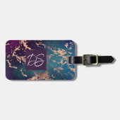ムーディラグジュアリーマーブル |深いパープルとティール（緑がかった色）バラ金ゴールド ラゲッジタグ (正面横)