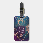 ムーディラグジュアリーマーブル |深いパープルとティール（緑がかった色）バラ金ゴールド ラゲッジタグ (正面縦)