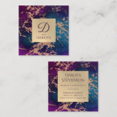 ムーディラグジュアリーマーブル |深いパープルとティール(緑がかった色)モノグラム スクエア名刺 (正面/裏面)