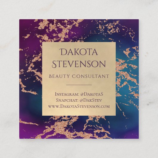 ムーディラグジュアリーマーブル |深いパープルとティール(緑がかった色)モノグラム スクエア名刺 (裏面)