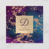 ムーディラグジュアリーマーブル |深いパープルとティール(緑がかった色)モノグラム スクエア名刺 (正面)