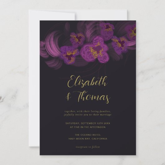 ムーディロマンティックパープルオーキンスダークフローラ結婚ズ 招待状 (正面)