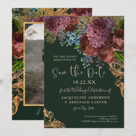 ムーディヴィンテージバーガンディフローラ金ゴールドエメラルド写真 セーブザデート (正面/裏面)