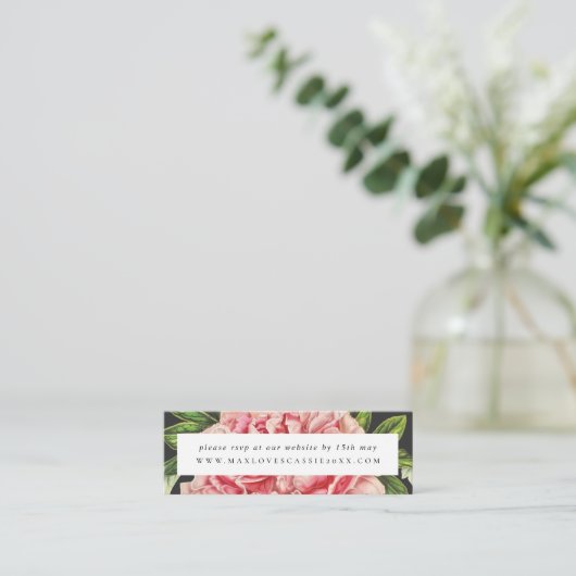 ムーディヴィンテージピンク結婚牡丹のウェブサイトRSVPカード スキニー名刺 (スタンド正面)