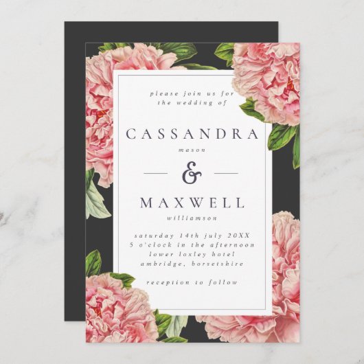 ムーディヴィンテージ木炭とピンクピーニー結婚ズ 招待状 (正面/裏面)