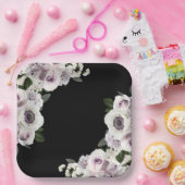 ムーディーなアネモネとパープルの花のブラック ブライダル シャワー ペーパープレート (パーティー)