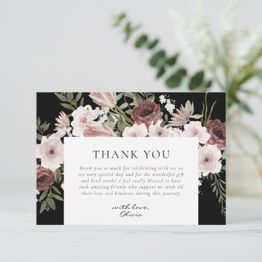 ムーディーなダスティーローズの花のブライダルシャワー サンキューカード (スタンド正面)