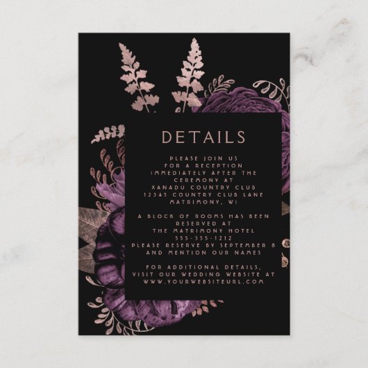 ムーディーなダーク フローラル パープル ローズ ゴールド ウェディング ディテールズ エンクロージャーカード (正面)