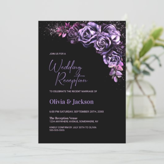 ムーディーなパープルの花の結婚式の披露宴 招待状 (スタンド正面)