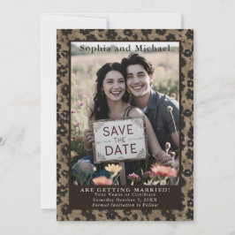 ムーディーなヴィンテージ フラワー ウェディング セーブ ザ デート ブラック セーブザデート