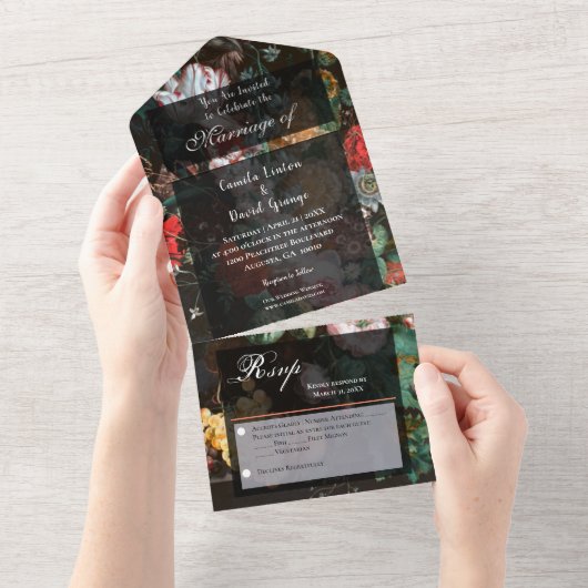 ムーディーな暗いフローラすべて1つの結婚式の招待 オールインワン招待状 (貼ってはがせる)