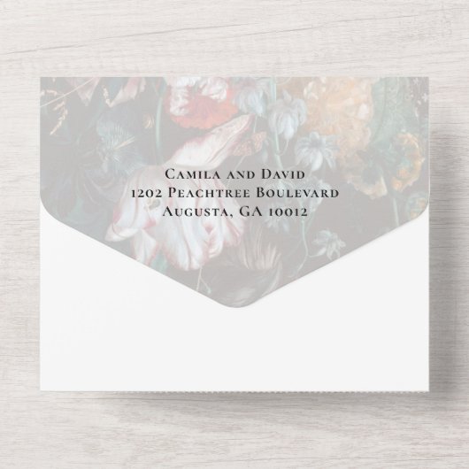 ムーディーな暗いフローラすべて1つの結婚式の招待 オールインワン招待状 (裏面)