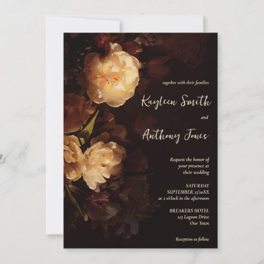 ムーディーな暗いヴィンテージ結婚の花が1つにまとまっている 招待状 (正面)