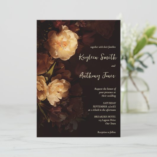 ムーディーな暗いヴィンテージ結婚の花が1つにまとまっている 招待状 (スタンド正面)