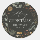 ムーディーな植物をあしらった、オリジナルのホリデーシーズンラベル ラウンドシール (正面)