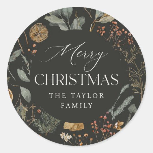 ムーディーな植物をあしらった、オリジナルのホリデーシーズンラベル ラウンドシール (正面)