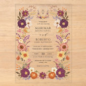 ムーディーな水彩花モノグラムクレスト ウェディング アクリル招待状 (正面)