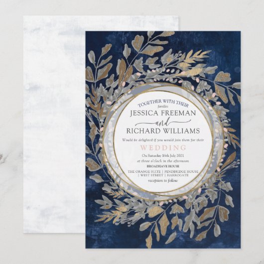 ムーディーゴシックフラワーリース、ネイビーとブレッシュ 招待状 (正面/裏面)