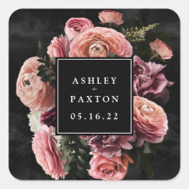 ムーディーズとロマンチックなピンクのフローラブーケオンブラック スクエアシール