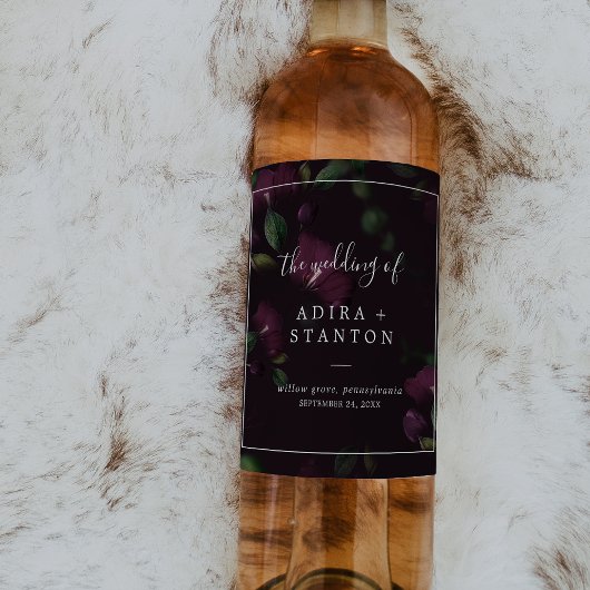 ムーディーパープルの花 | ブラックパターンの結婚式 ワインラベル