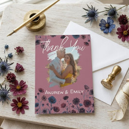 ムーディーパープル&ブルー フローラル ウェディングサンクスカード サンキューカード