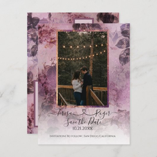 ムーディーフラワーズ パープルハート ジョインスクリプト フォト付き 案内ポストカード (正面/裏面)