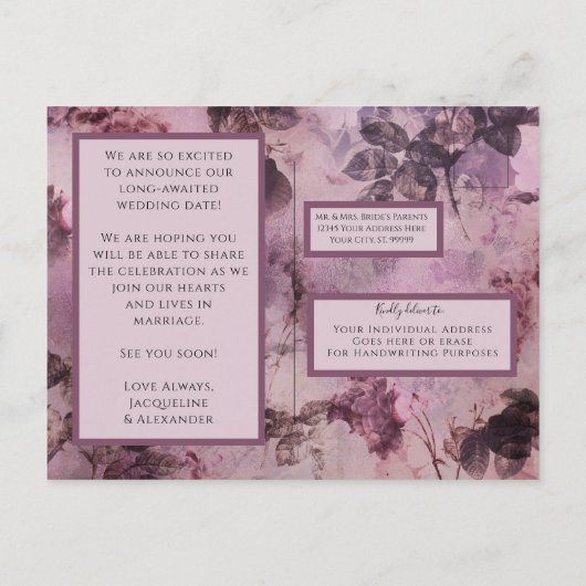 ムーディーフラワーズ パープルハート ジョインスクリプト フォト付き 案内ポストカード (裏面)