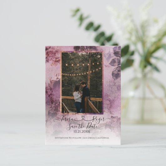 ムーディーフラワーズ パープルハート ジョインスクリプト フォト付き 案内ポストカード (スタンド正面)