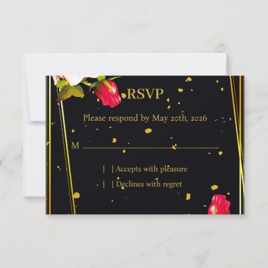 ムーディーフローラル ブラック&ゴールド 結婚式 RSVP 返信カード (正面)