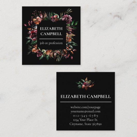 ムーディーフローラ水彩|黒 スクエア名刺 (正面/裏面)