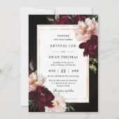 ムーディーブラック・バーガンディ・ブラッシュ・フラワー・芍薬の結婚式 招待状 (正面)