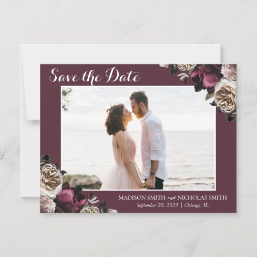 ムーディーブルゴーニュ&ピンクフローラセーブザデートマグネット マグネット招待状 (正面)