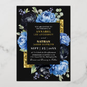 ムーディーブルーとブラックのエレガントなフラワーの結婚式 箔招待状 (正面)