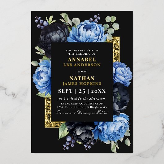 ムーディーブルーとブラックのエレガントなフラワーの結婚式 箔招待状 (正面)