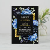 ムーディーブルーとブラックのエレガントなフラワーの結婚式 箔招待状 (立ち正面)
