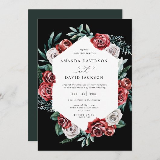ムーディーレッドフローラグリーナリーエレガント結婚式 招待状 (正面/裏面)