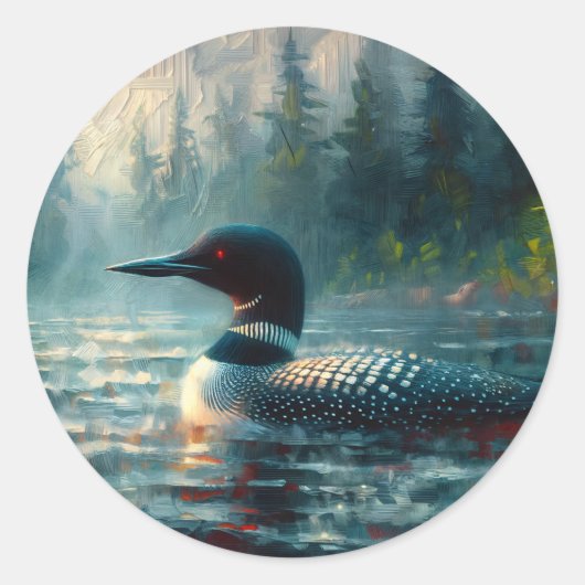 ムーディー湖のアオガモの絵 ラウンドシール (正面)
