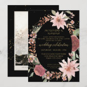 ムーディー・エレガント・水彩花 ブラック ブラッシュ ピンク 招待状 (正面/裏面)