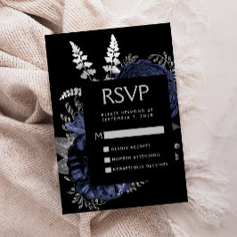 ムーディー ダーク フラワー ネイビーブルー シルバー ウェディング RSVP エンクロージャーカード