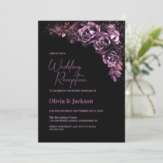 ムーディー ピンク フローラル ウェディング レセプション 招待状 (スタンド正面)