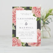 ムーディー ヴィンテージ チャコール & ピンク 牡丹 ウェディング 招待状 (スタンド正面)