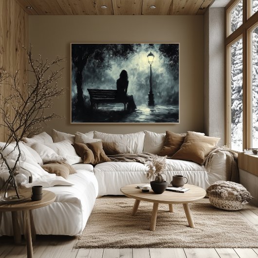 ムーディ夕べシルエットとランプのポスト – 木炭 ポスター