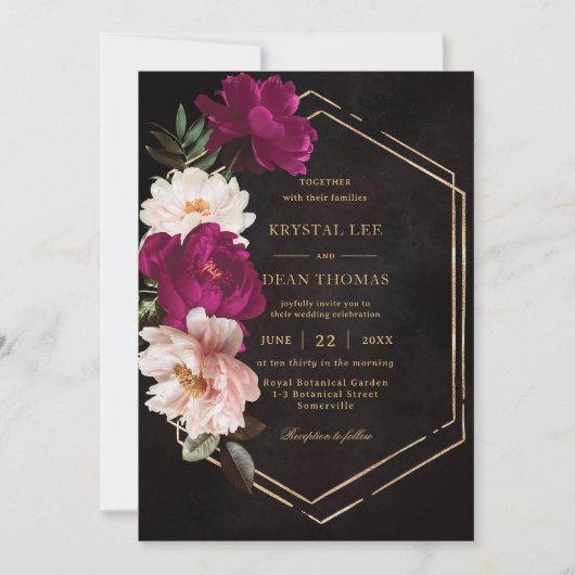 ムーディ明るい赤紫色ピンク赤面フローラ牡丹結婚ズ 招待状 (正面)