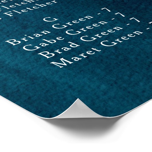 ムーディ海の水色のアルファベット順の座席表 ポスター (角)