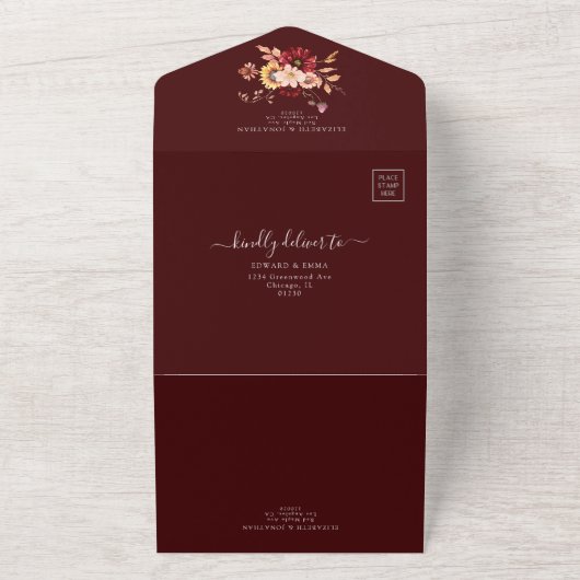 ムーディ秋バーガンディフローラひまわり花またはコード オールインワン招待状 (外側)