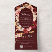 ムーディ秋バーガンディフローラひまわり花またはコード オールインワン招待状 (内側)